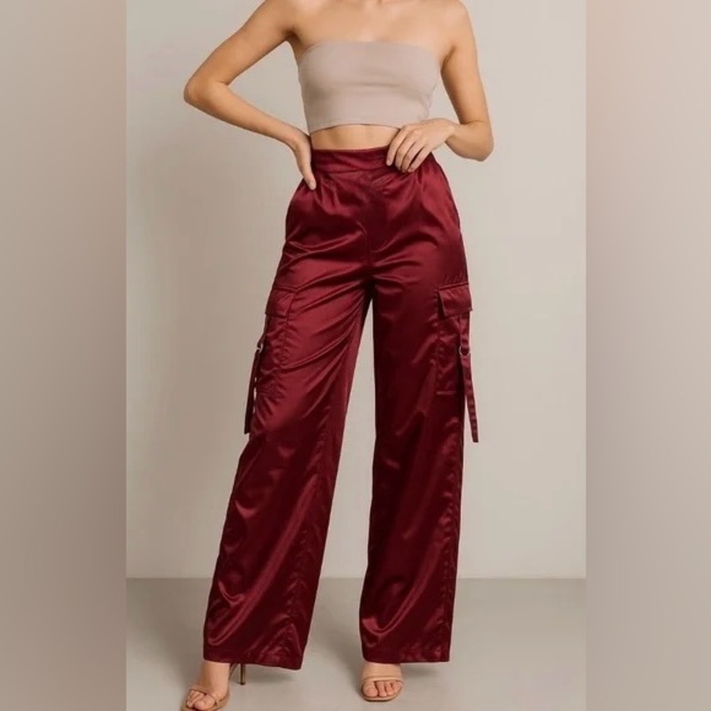 Persaya Women’s Wide Leg Satin Cargo Pants in Burgundy/Brown Size XL